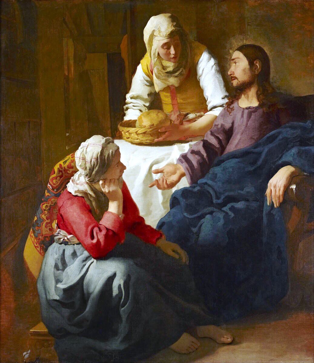 He was brought up in Delft in the Netherlands where his father worked in textiles - a knowledge that pervades Vermeer’s work. His father was also a dealer in pictures. Christ in the House of Martha & Mary (1654-5), Diana & her Companions (1655-6) & St Praxidis (1655)