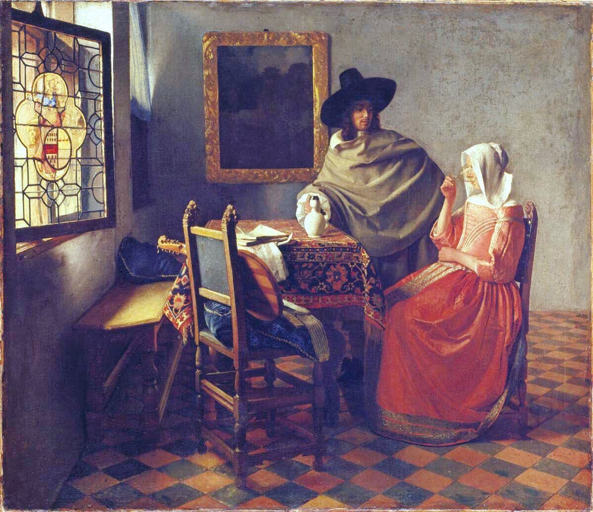 The painter lived in an inn with his mother in law, wife & 10 children & probably a servant or two. It was not the peace suggested in his work! Officer with Laughing Girl (1657), A Lady Drinking & a Gentleman (1658) & The Milkmaid (1658)