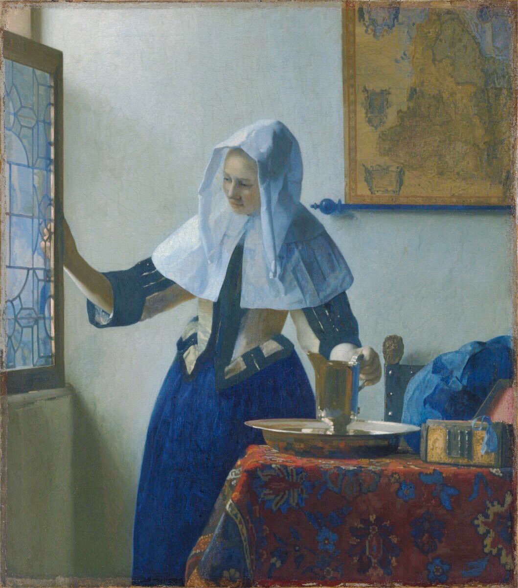We don’t know who Vermeer trained under but it may have been one of the Dutch Catholic artists of Utrecht. His View of Delft is a tour de force of observation & subtle compositional rearrangement (1659-60). Young Woman with a Water Jug (1660-2) & Lady at the Virginals (1662-5)