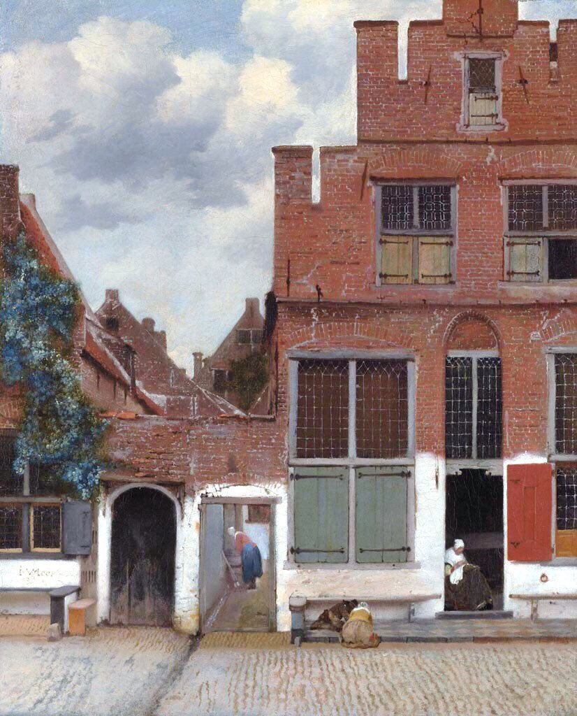 One of my favourite images by Vermeer is his Little Street (1657-8) where we get to see a Delft Street & the daily domestic scenes that might be encountered in the 17th C. The subtle colouring & technical perfection are superlative