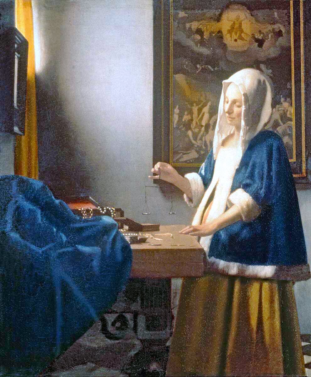 He joined the Guild of St Luke in 1653 - the professional guild of artists. The fine realist style pictures of Gerard Dou may have inspired his astonishingly real looking images. Woman in Blue (1663-4), Woman with a Pearl Necklace (1662-4) & Woman Holding a Balance (1664)