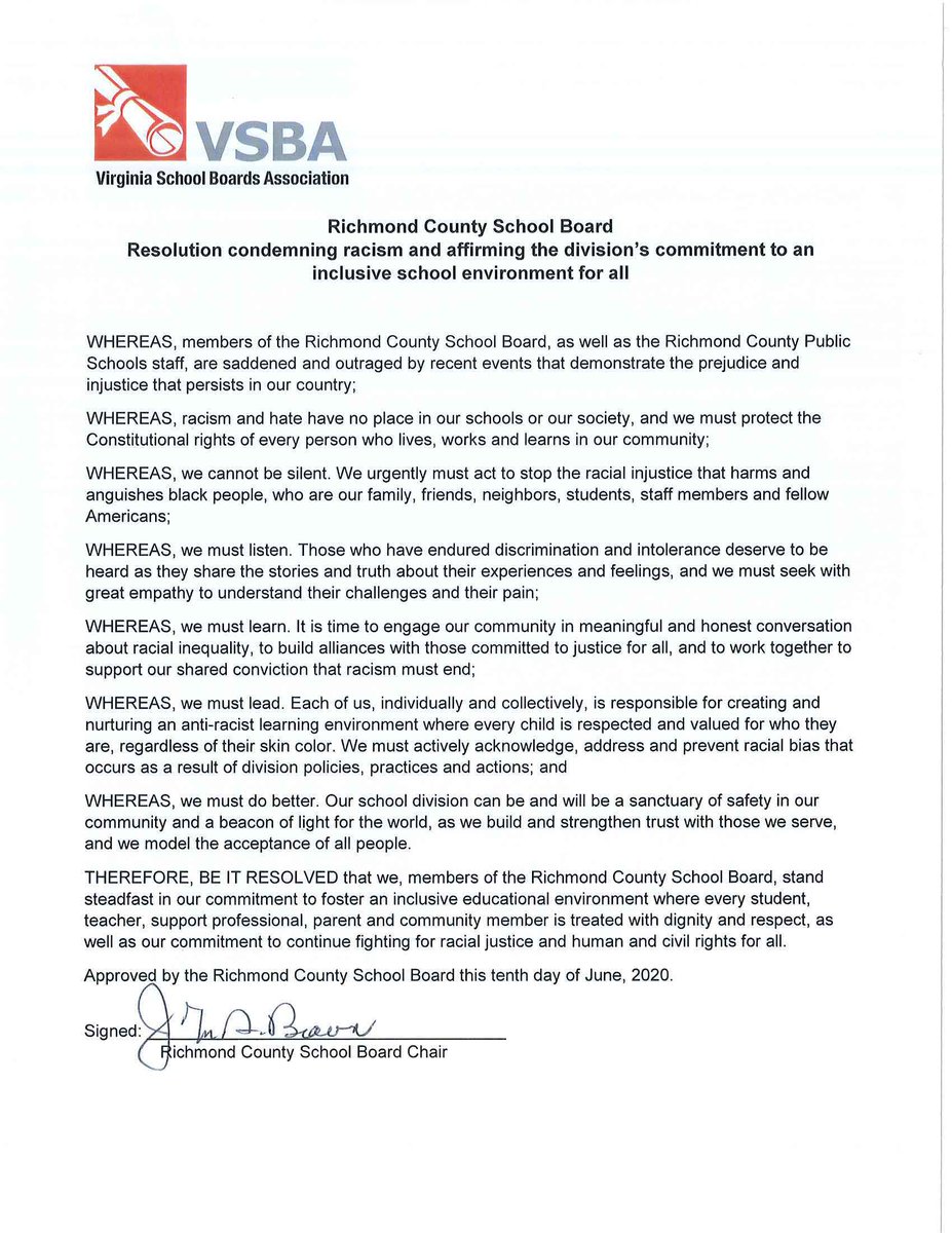 RCPS_MDC_VA's tweet photo. The Richmond County School Board's resolution condemning racism and affirming the division's commitment to an inclusive school environment for all. https://t.co/0q6JGNWgLo