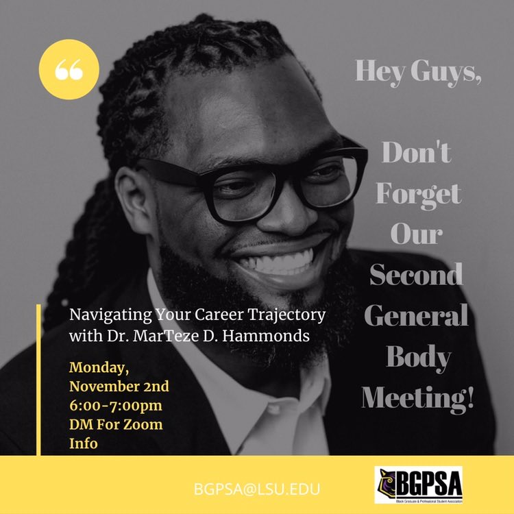 <a href="/lsu_bgpsa/">LSU BGPSA</a> General Body Meeting tomorrow!! If you need the Zoom link and password let me know or reach out to BGPSA 🚨