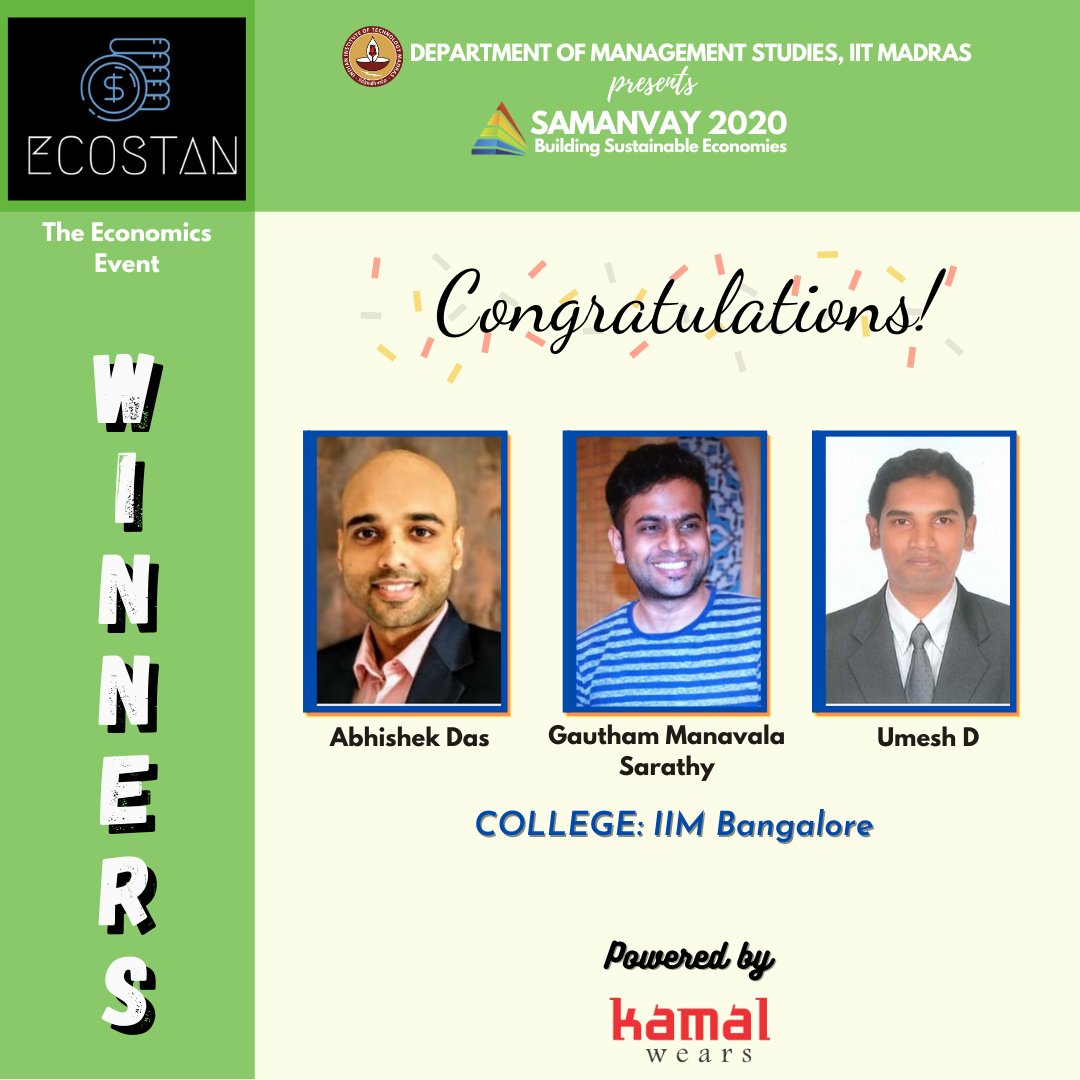 IITMSamanvay's tweet photo. Eco-Stan, the economics event of Samanvay 2020 successfully concluded today. Our esteemed judge Mr. Santosh Kumar Sahu, Assistant Professor of Economics, Department of Humanities and Social Sciences, IIT Madras had a tough time selecting the winners. We thank all participants. https://t.co/Urs1IRShxM