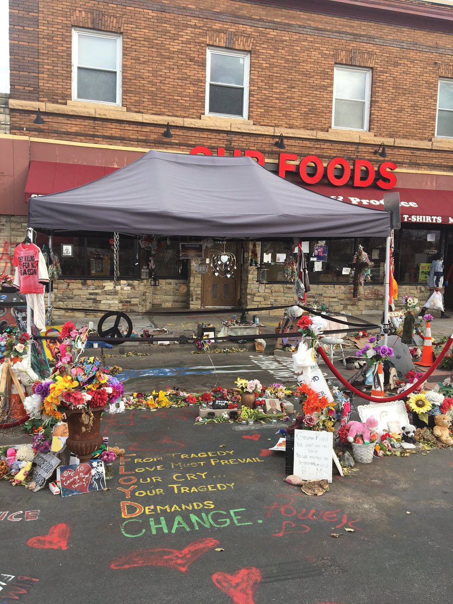 The place where George Floyd was killed is now covered by a tent and roped off. It’s surrounded with tons of flowers and tributes to Floyd. It’s seen as a sacred place in the community.  @globalnews