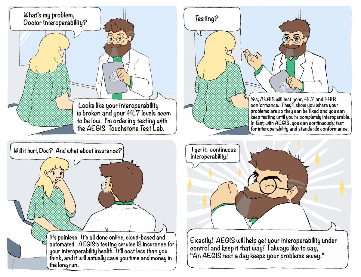 AEGISnet's tweet photo. Wishing everyone a restful weekend and offering some traditional “Sunday funnies” – not to mention a fun, easy way to see why testing is so important – with our very own Dr. Interoperability 🙂
https://t.co/kl2VydwPM0

Artist Credit: Jaymie Y. Im https://t.co/yHkjmhOycW