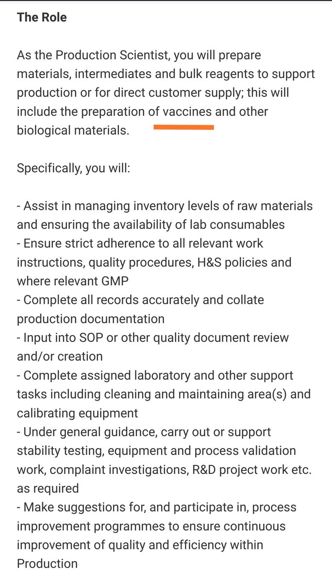 You Can find the job advert here : https://www.cv-library.co.uk/job/212659878/Production-ScientistOnly one mention of vaccine.In this covid Time, only one thing Comes to mind : a covid vaccineWe know relations between AZN and  #novacyt, so, why not ?3/6