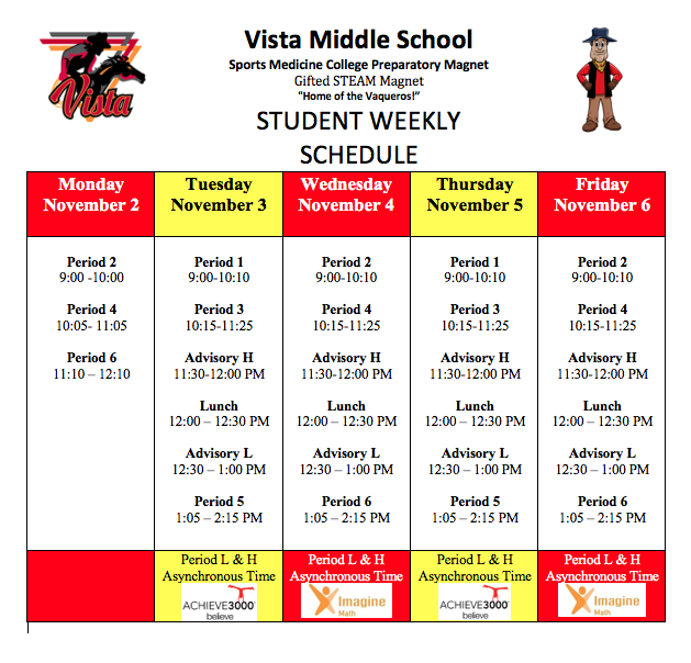 vistamiddle's tweet photo. ๐ขVista Students' Schedule - ๐๏ธโฐ Week of November, 2-6, 2020 #RedWeek 2,4,6 EVEN MONDAYโ
#OnTime #AttendanceCounts #DistancePresent #SMARTGoals ๐ซ #Punctuality #Synchronous #Asynchronous ๐ป #Learning ๐ #SMARTgoals #VistaRocks ๐ฅ๐ @mspdamonte https://t.co/KBY5xYH3qR ๐ค ๐ https://t.co/qAWrZRIKJP