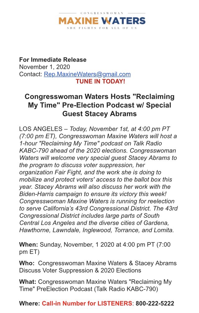 RECLAIMING MY TIME PreElection Podcast: Join @MaxineWaters & @staceyabrams today on @KABCRadio discussing voter suppression & the #2020Election! Today at 4:00pm PT / 7:00pm ET! Details below: