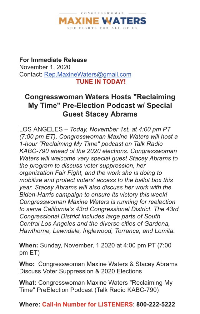 Maxine Waters (@maxinewaters) on Twitter photo RECLAIMING MY TIME PreElection Podcast: Join <a href="/MaxineWaters/">Maxine Waters</a> & <a href="/staceyabrams/">Stacey Abrams</a> today on <a href="/KABCRadio/">790 KABC</a> discussing voter suppression & the #2020Election! Today at 4:00pm PT / 7:00pm ET! Details below: RECLAIMING MY TIME PreElection Podcast: Join <a href="/MaxineWaters/">Maxine Waters</a> & <a href="/staceyabrams/">Stacey Abrams</a> today on <a href="/KABCRadio/">790 KABC</a> discussing voter suppression & the #2020Election! Today at 4:00pm PT / 7:00pm ET! Details below: