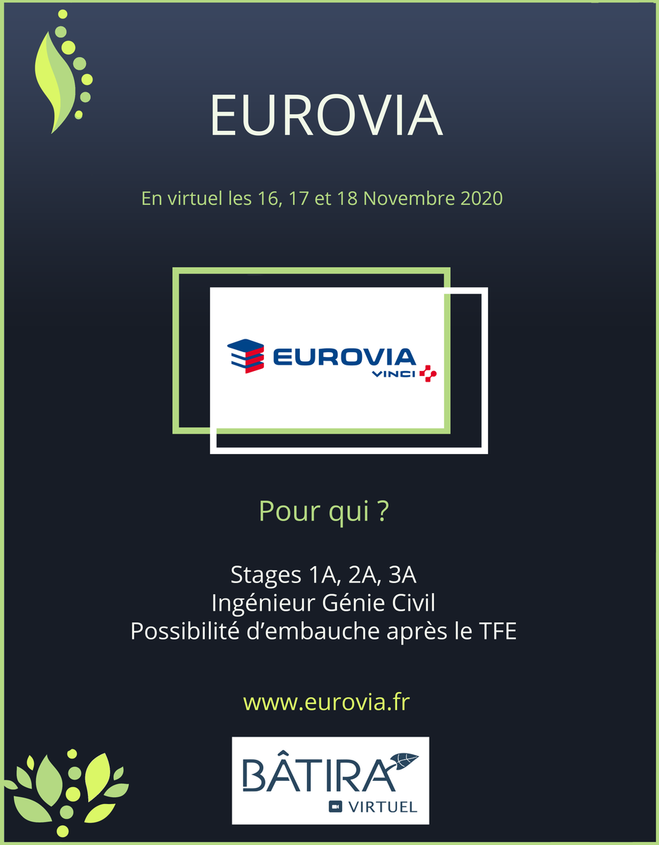 ForumBatira's tweet photo. Eurovia sera présent au Forum BATIRA 2020 !
Vous pouvez retrouver plus d'informations sur le site Internet https://t.co/oHk3KP5Afj.
Rendez-vous les 16,17 et 18 novembre sur Seekube !
L'équipe BATIRA 2020. https://t.co/9vrEddxmQg