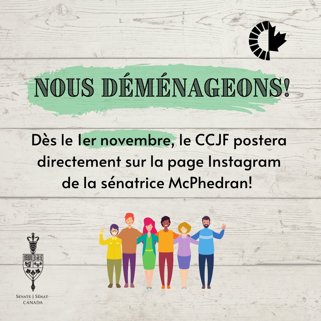 CCYF_CCJF's tweet photo. C’est avec grand plaisir que nous annonçons que le compte de @CCYF_CCJF déménagera au compte de @SenMarilou! Dès le 1 nov., toutes publications se feront sur les comptes de la sénatrice McPhedran. À bientôt! https://t.co/QoTtFlV6Sx