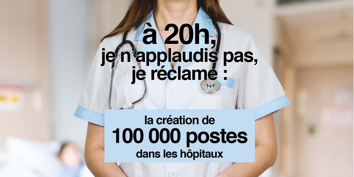 📢 Ce soir, comme tous les soirs à 20h, nous n'applaudissons pas, nous réclamons 1 mesure pour la #santé :

🏨 Ce soir : les 10% de postes supplémentaires nécessaires progressivement pour le bon fonctionnement de l’#hopital

🖱La pétition :
change.org/a20hjereclame
#a20hjereclame