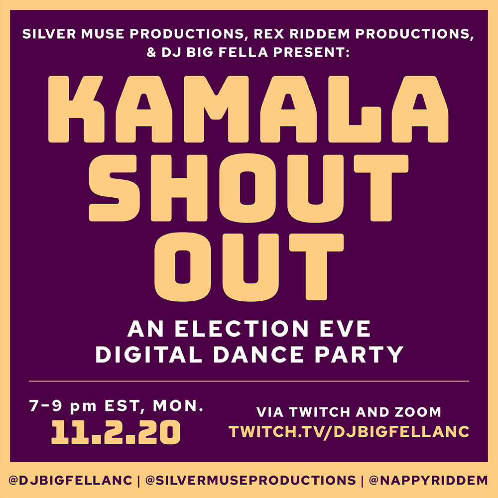 KAMALA DANCE PARTY Monday night November 2nd!! <a href="/Asheru/">Asheru®</a> @maceopiques <a href="/BigAkil/">Akil Waite</a> <a href="/ric742/">Zero</a> <a href="/killermike/">Killer Mike</a> <a href="/dcreggae/">DC Reggae</a> w/ #DJBigFellaNC Classic Hip-Hop, GoGo &amp; RnB 
**Kamala Shout Out: An Election Eve Digital Dance Party **

REGISTER HERE:   bit.ly/KamalaShoutOut