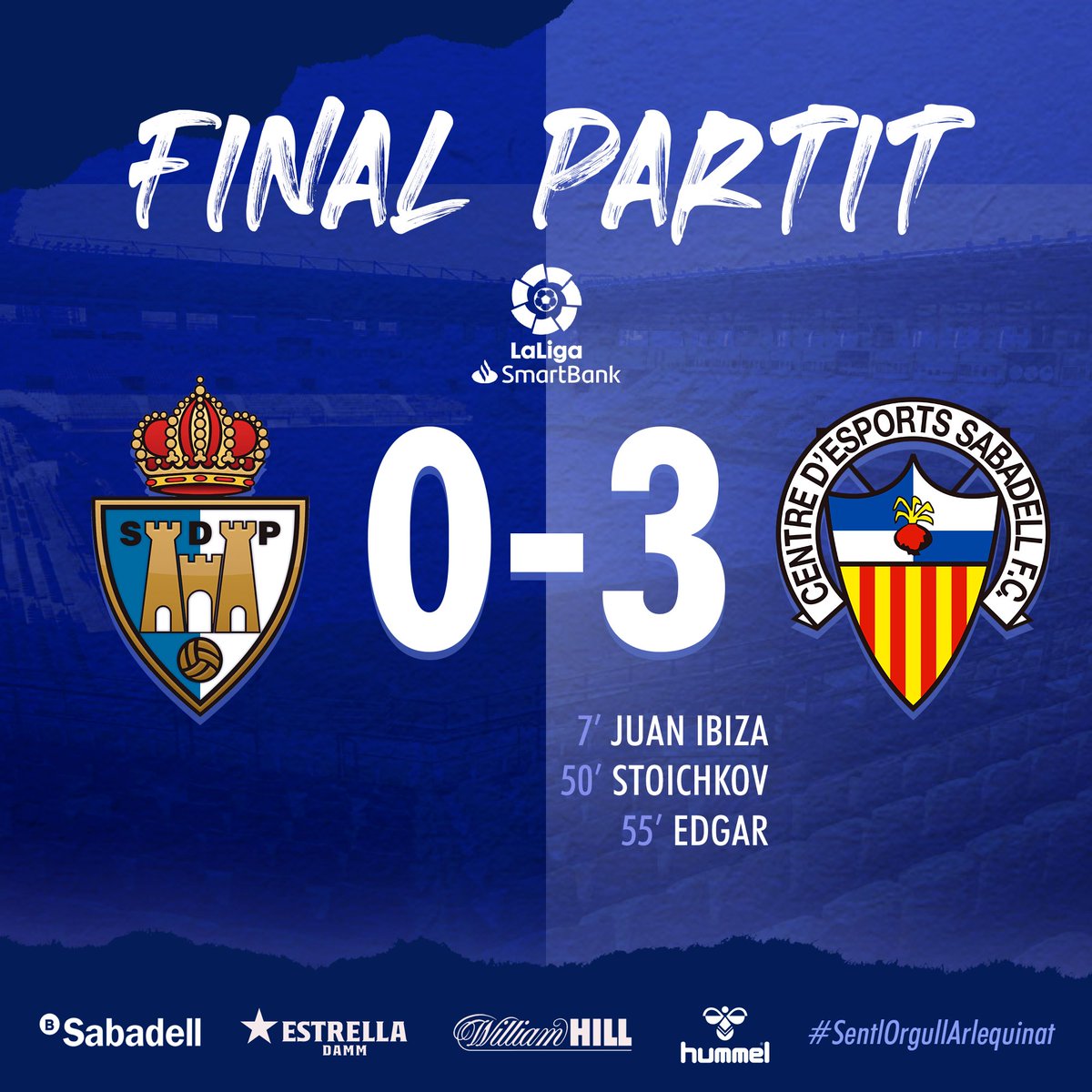CESabadell's tweet photo. ⏱ FINAAAL en El Toralín | 0-3 #PonferradinaSabadell 

PAR-TI-DÀS i ➕3️⃣

👏🏻 Segona victòria consecutiva del @CESabadell #LaLigaSmartbank 

⚽️ @juanibiza17 🚀
⚽️ @stoichkov27 🎩
⚽️ @Edgarherma 😍
 
#5000Arlequinats | #SentlOrgullArlequinat https://t.co/XvbwSqEbjX