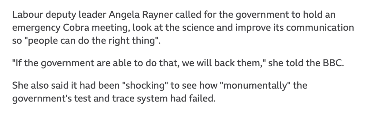 2/ Rayner commenting for Labour does not mention a new lockdown or backing for a circuit break. Her quote below.