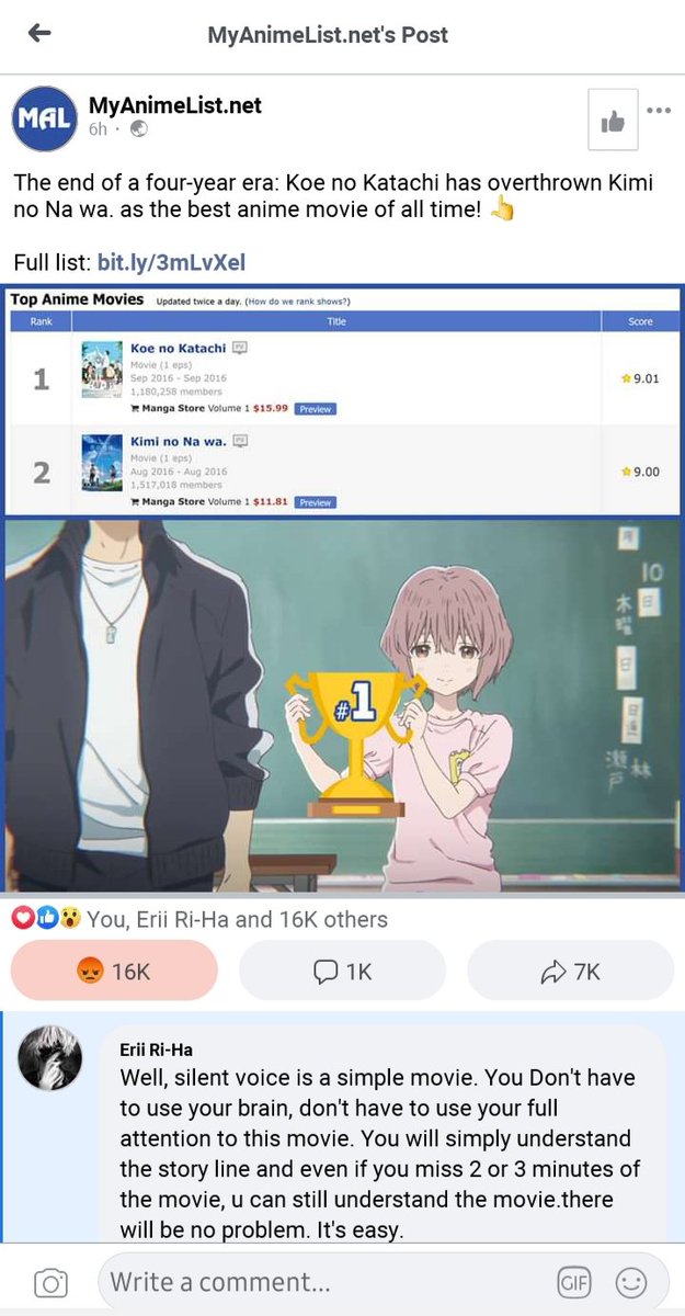 LubStl's tweet photo. perfect ans why #KimiNoNawa should always be in Number 1. It can't be happen we disagree with this chart 😑🙄
#YourName #KimiNoNawa #makotoshinkai #comixwave
#RADWIMPS #anime #animemovie #myanimelist https://t.co/Zm8Gxa0Wxh