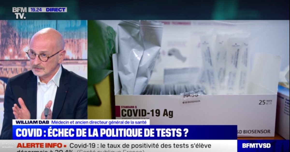  William Dab : "Le délai moyen entre le début des symptômes et le résultat du test, c'est 5 jours. Le test est donc inutile car soit vous êtes guéri, soit vous n'êtes plus contagieux. Il ne suffit pas de faire 2 millions de tests par semaine..." 1/2