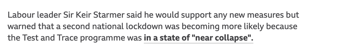 3/ Sept 21: SAGE recommends circuit breaker + Vallance and Whitty hold a live TV news briefing on the increase in the virus.Starmer does say another lockdown is likely but does NOT suggest one or say that he wants one.Details:  https://www.bbc.co.uk/news/uk-54229845