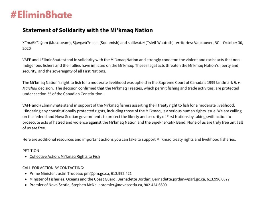 Elimin8_hate's tweet image. VAFF and #Elimin8hate stand in solidarity with the Mi’kmaq Nation and strongly condemn the violent and racist acts that non-Indigenous fishers and their allies have inflicted on the Mi’kmaq.

Show your support by signing this petition:
collectiveaction.ca/takeaction/mik…