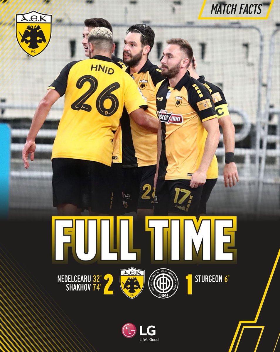 AEK_FC_OFFICIAL's tweet photo. Λήξη του αγώνα: ΑΕΚ – ΟΦΗ 2-1
#aekofi #aekfc #aekfcseason2020_21 #aekfamily #slgr https://t.co/CW2PQn0RlU