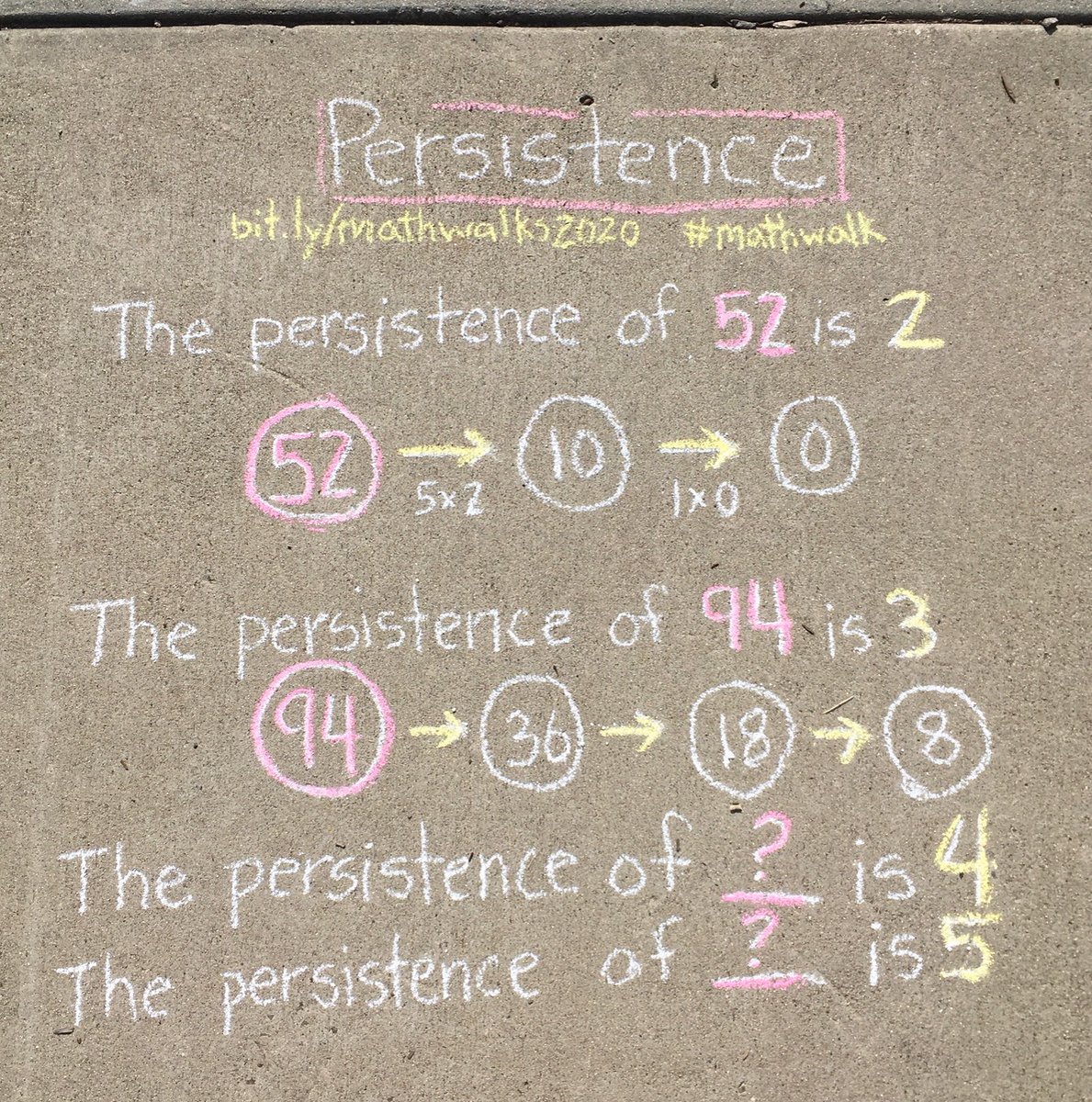 traciteacher's tweet photo. Taking my persistent #mathwalk today with a wonderful exploration from @playwyourmath #sandiegomath #mathgraffiti #sidewalkmath #MTBoS #iteachmath https://t.co/rFAz7sfq6Q https://t.co/QoFIrkaYsq