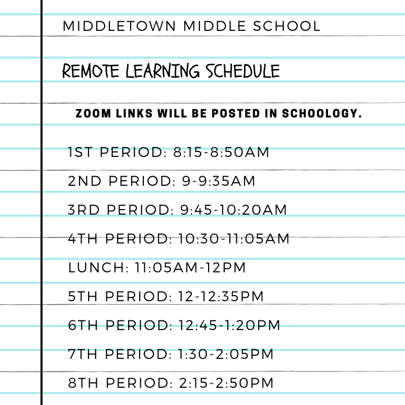 MMSMiddies's tweet photo. Here is the *remote learning* schedule we will use for ALL days starting this Wednesday 11/4 through Friday 11/13 #MiddieRising #ThisIsWe https://t.co/cyYP2apsw5