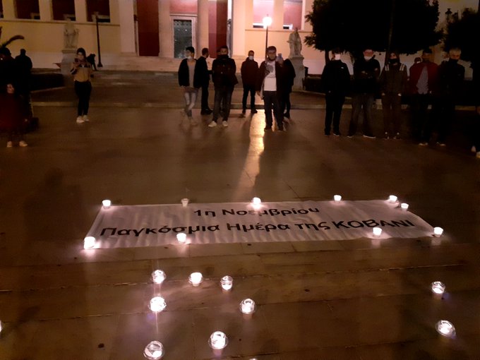 In  #Athens, Greece, candles were lit to honour the heroic resistance of  #Kobanê against Daesh, and for the continued resistance of  #Rojava against the darkness of Turkish state fascism, terrorism and occupation! #WorldKobaneDay #RiseUpAgainstFascism #RiseUp4Rojava