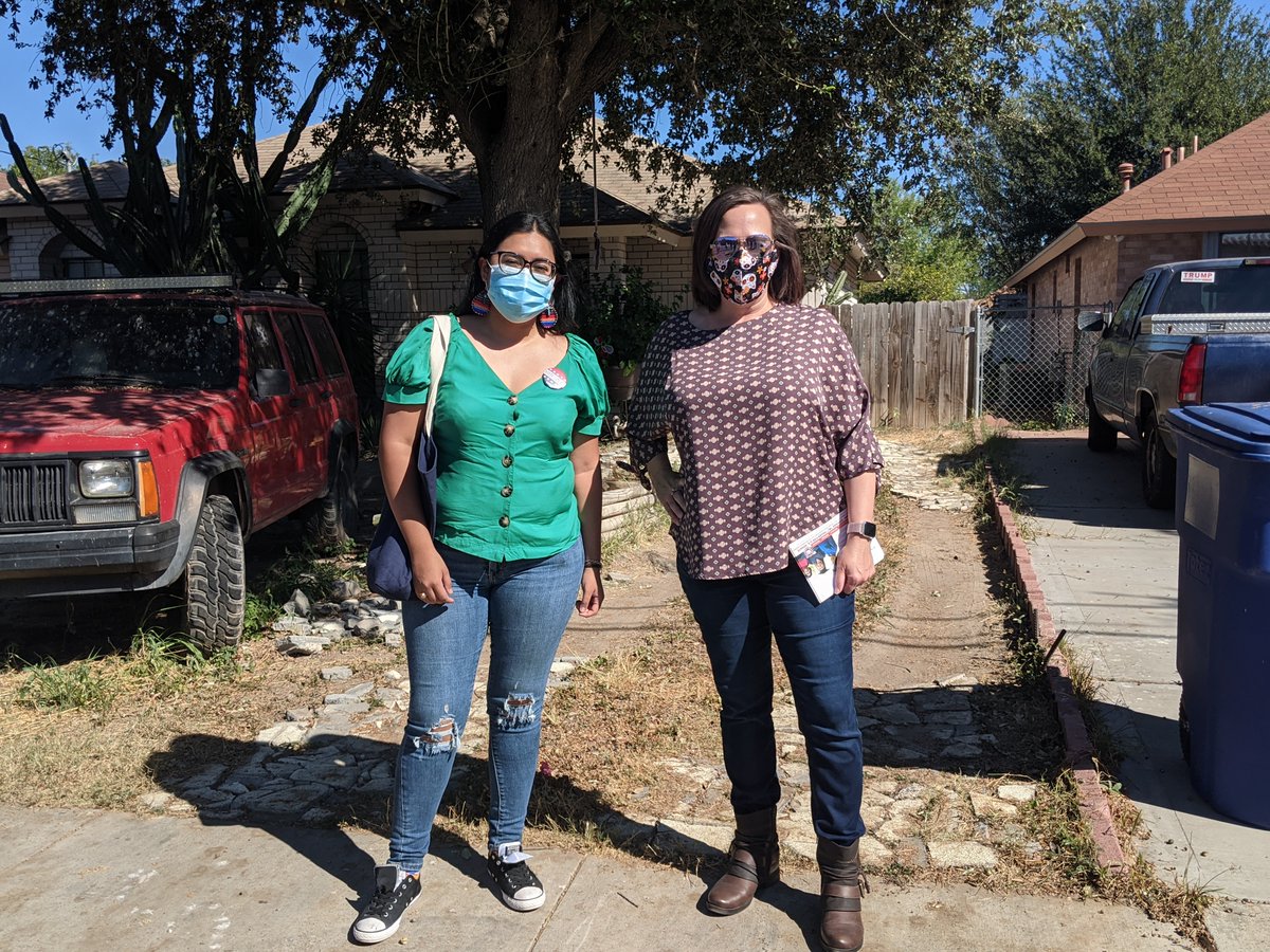 MJ Hegar and Jessica Cisneros going door to door to drop off lit.