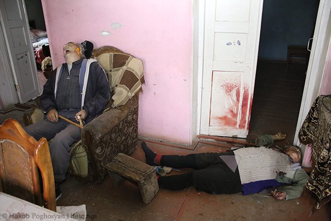 Jake_Hanrahan's tweet photo. A video showing Azeri soldiers cutting off the ears of dead Armenian soldiers on the frontline is on telegram. 

They did this in the Four Day War in N-K in 2016. They cut the ears off of two elderly people after executing them in their home in Talish: https://t.co/Csp2JRFZ9W https://t.co/dlbWihXQ4a