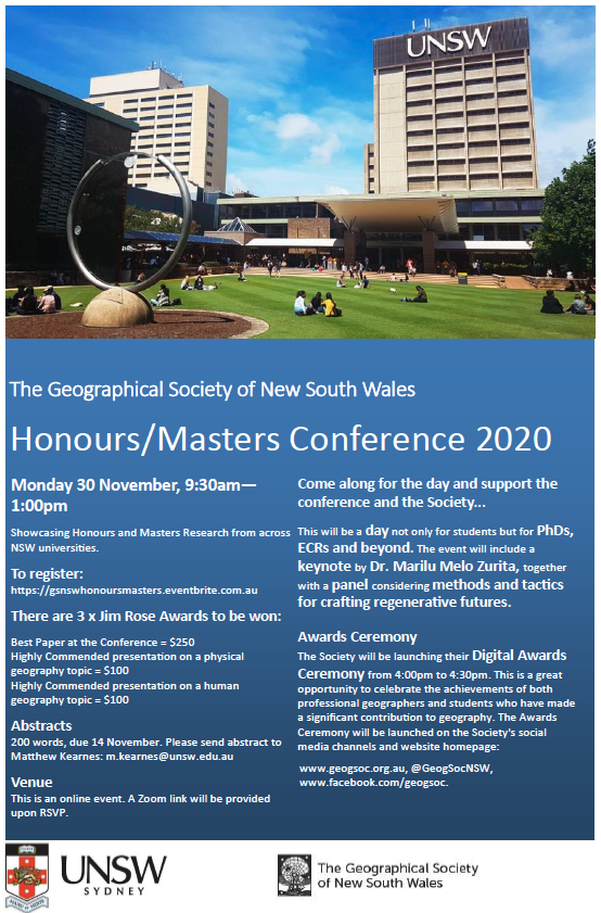 Come to the 2020 NSW GeogSoc Honours/Masters Conference | Monday 30 November 2020 | A workshop for  for students, PhDs, ECRs and beyond. Includes a keynote by @MariluMeloZurit and a panel on crafting regenerative futures <a href="/GeogSocNSW/">GSNSW</a> <a href="/EH_UNSW/">Environment and Society Group @UNSW</a> <a href="/halpublic/">School of Humanities & Languages</a>  gsnswhonoursmasters.eventbrite.com.au