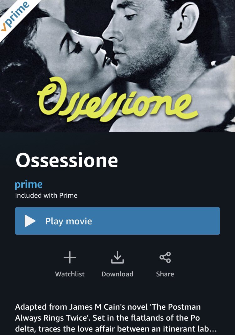 Public Service Announcement: Ossessione, Visconti’s 1943 version of The Postman Always Rings Twice, is currently available on Amazon Prime.  #Noirvember