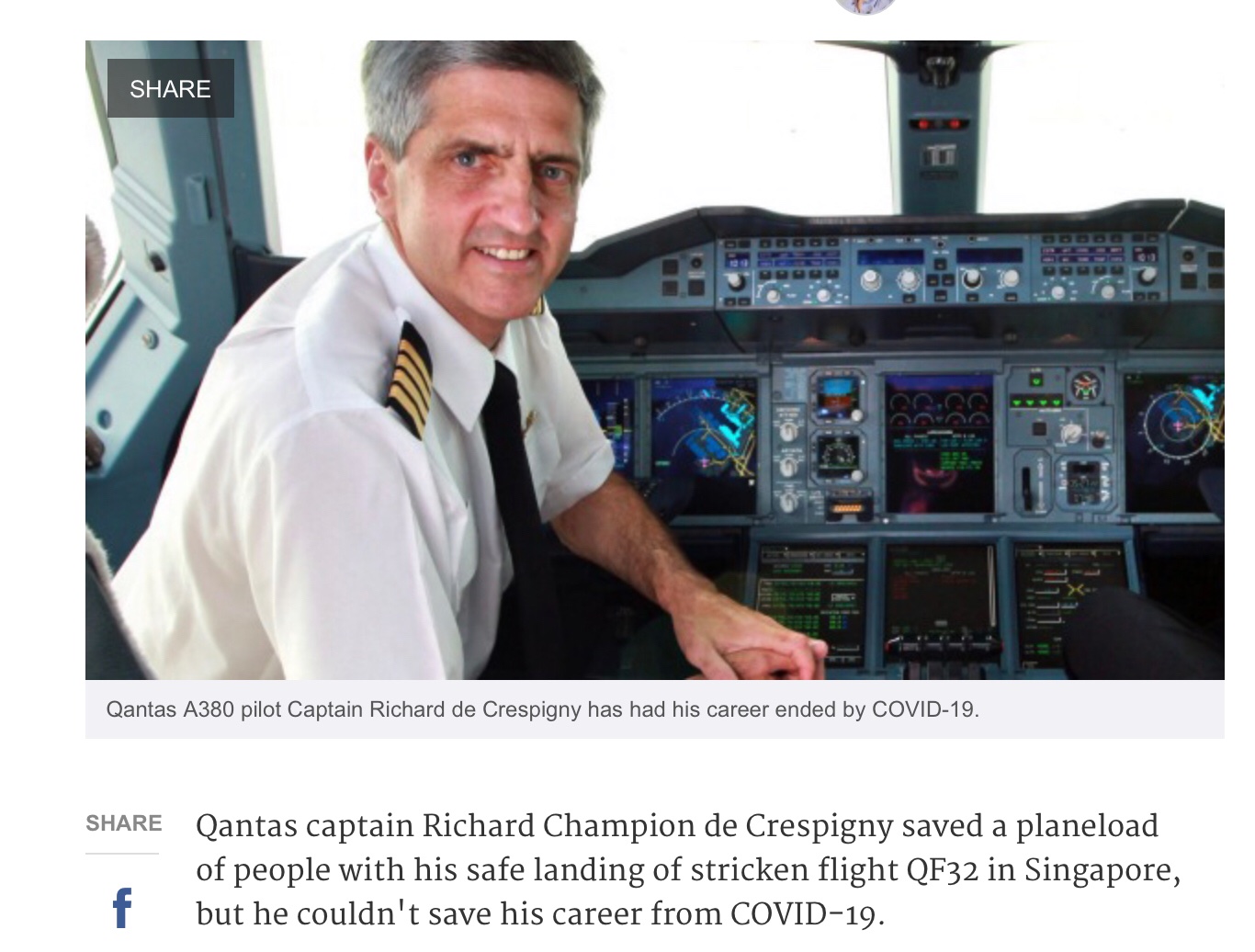 安西副操縦士 私のキャリアはコロナによって終わりを迎えた シンガポールに緊急着陸したカンタス32便エンジン爆発事故 A380 の機長だったクレスピグニー氏 コロナの影響で3月から仕事が無く今年11月に早期退職されるそう こんな形で終わってしまうのは残念 安西副操縦士 私のキャリアはコロナによって終わりを迎えた シンガポールに緊急着陸したカンタス32便エンジン爆発事故 A380 の機長だったクレスピグニー氏 コロナの影響で3月から仕事が無く今年11月に早期退職されるそう こんな形で終わってしまうのは残念