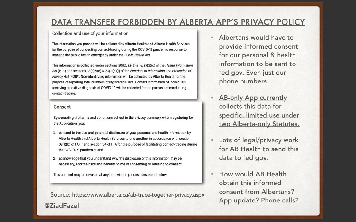 One problem is that the information AB Health has collected with the AB-only App is restricted to specific, limited use only within AB Health & AHS. It cannot be pushed to the federal government without informed user consent. @mgeist