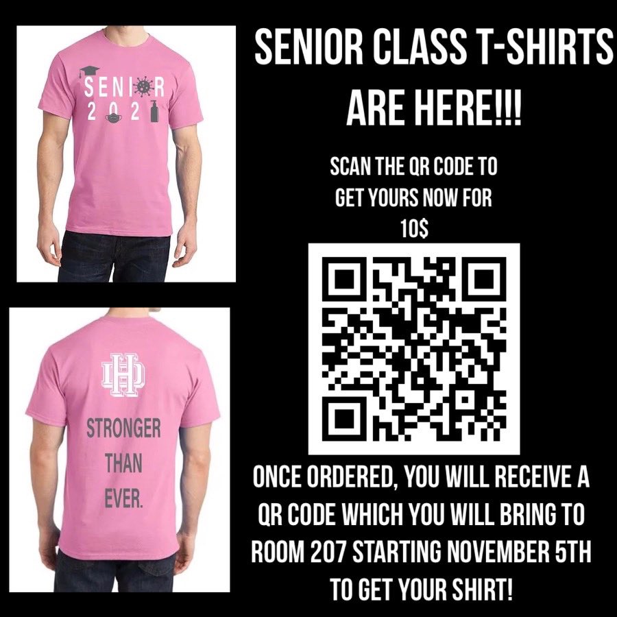 📢💥ATTENTION SENIORS📢💥

Senior T-Shirts are here! Use the QR code or link below to purchase yours today! 

Note: After purchased, T-Shirts can be picked up in Room 207. Accommodations can be made for Seniors that are not in the building. 

locallevelevents.com/events/details…