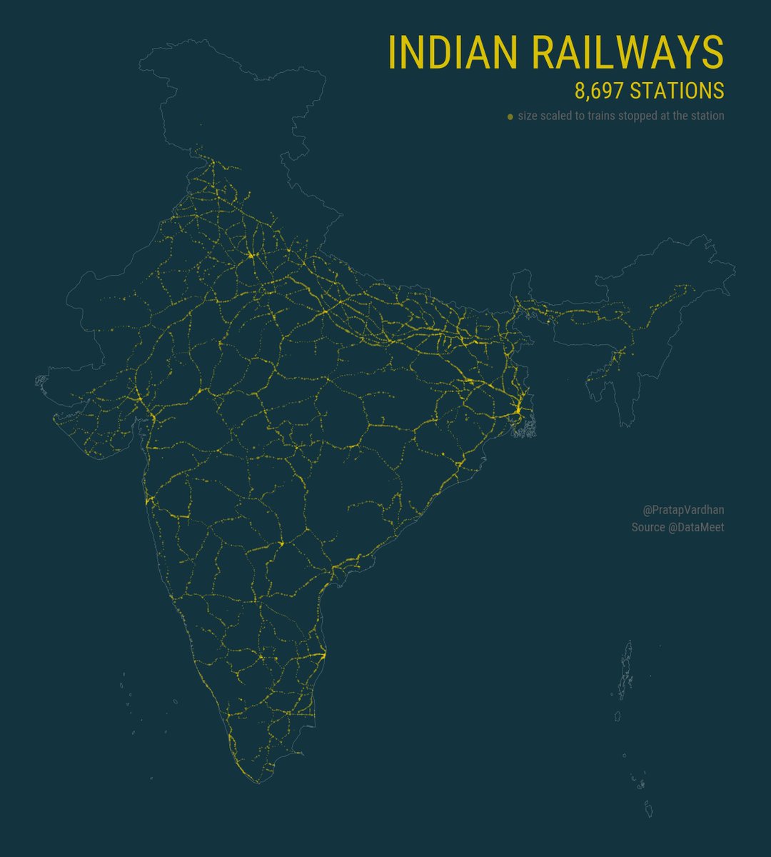 Kicking off the  #30DayMapChallenge by visualizing the network formed by 8,697  railway stations in India.Day 1: PointsLooking forward to explore  India through geospatial visualizations with this challenge. Made with  @geopandas  @matplotlib