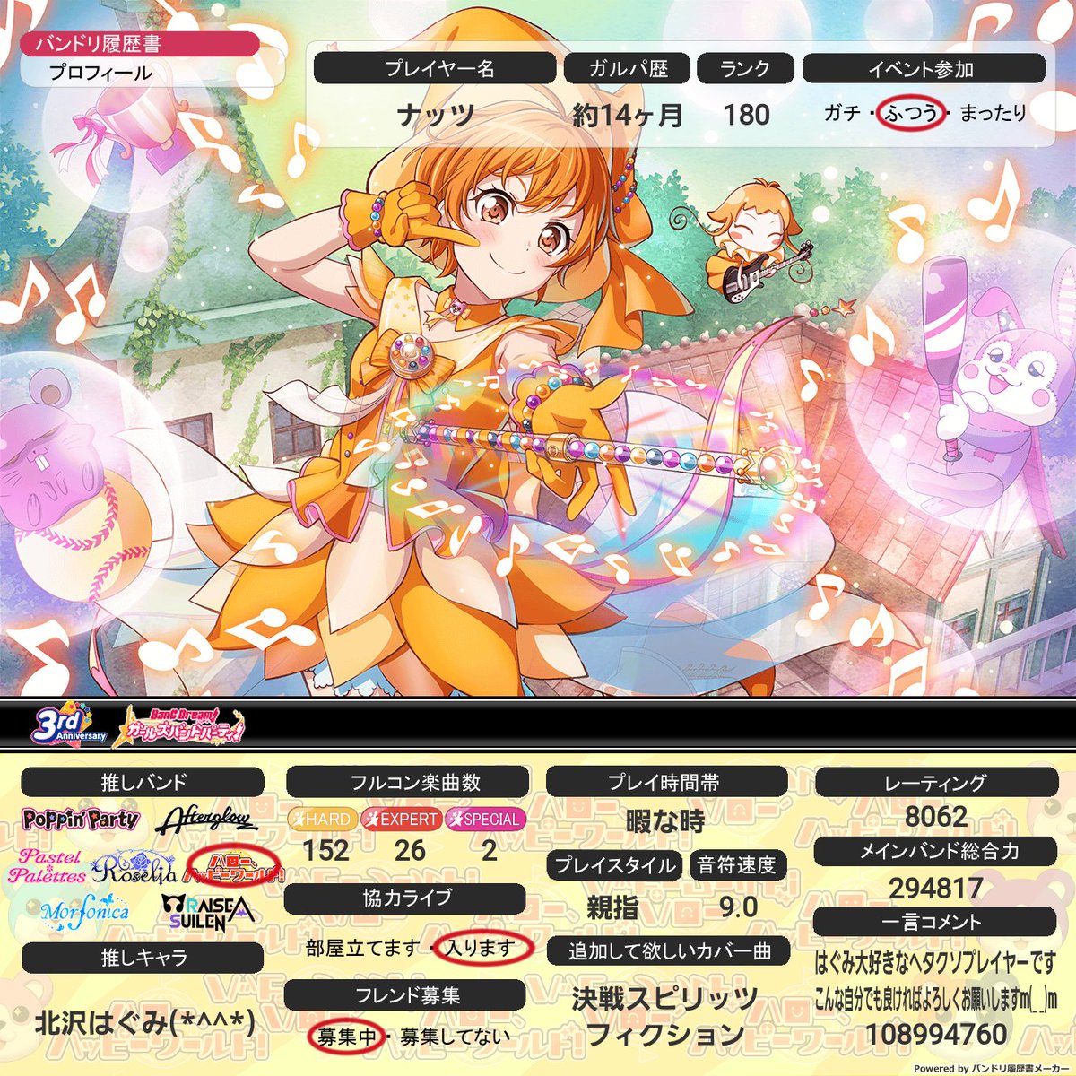 #バンドリ
#ガルパ
#バンドリ履歴書
#バンドリーマーさんと繋がりたい
#バンドリーマーさんと仲良くなりたい 
#いいねした人全員フォローする 

おジャ魔女どれみコラボで出ました新規はぐみがあまりにも可愛かったので、履歴書を更新しました(*^^*)
色んなバンドリーマーさんと仲良くなりたいです。