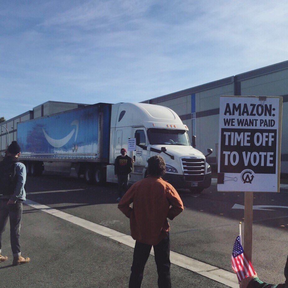 Hey <a href="/amazon/">Amazon</a> 👋 We will continue to haunt 🎃 you until you do the right thing. Paid time off to vote - it’s simple. Employees shouldn’t have to choose between a paycheck and getting to the polls.

Picket locations across WA state and the US yesterday.

#Vote2020 #DefendDemocracy