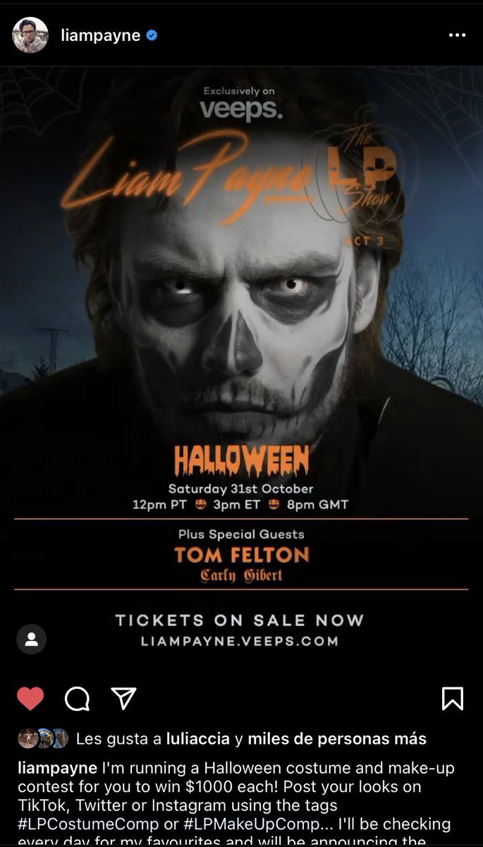 alwayslouistom9's tweet image. Liam twitteo y subió a Instagram lo siguiente: “¡Estoy organizando un concurso de disfraces y maquillaje de Halloween para que ganes $ 1000 cada uno! Publique sus looks en TikTok, Twitter o Instagram usando las etiquetas #LPCostumeComp o #LPMakeUpComp”
￼