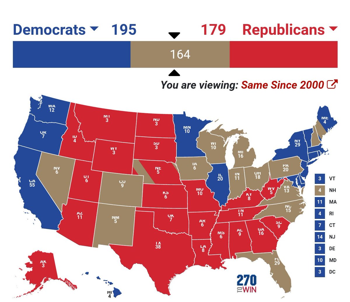 Ok so this is the map of the US that shows how each state voted for the past 5 election cycles. Brown indicates that they haven't consistently voted for one party in that time but flip between both