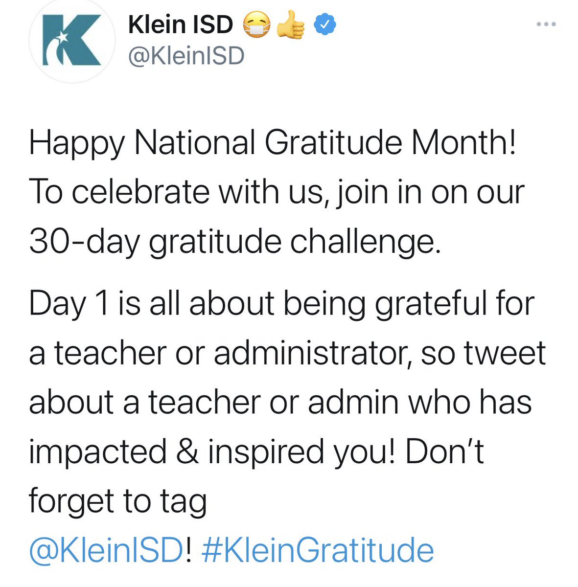 KleinHigh's tweet photo. Bearkats, Happy National Gratitude Month! Challenge yourself to the 30-day gratitude challenge. @BrandonBaker31 https://t.co/x1fsd7loPR