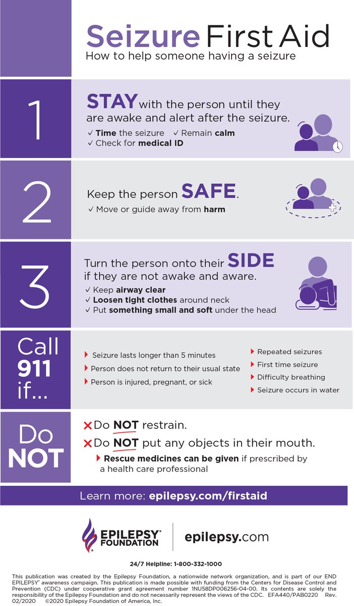 What should I do if someone has a seizure?for seizure first aid, see this infographic by  @EpilepsyFdn made possible with funding by the  @CDCgov. (alt text included)