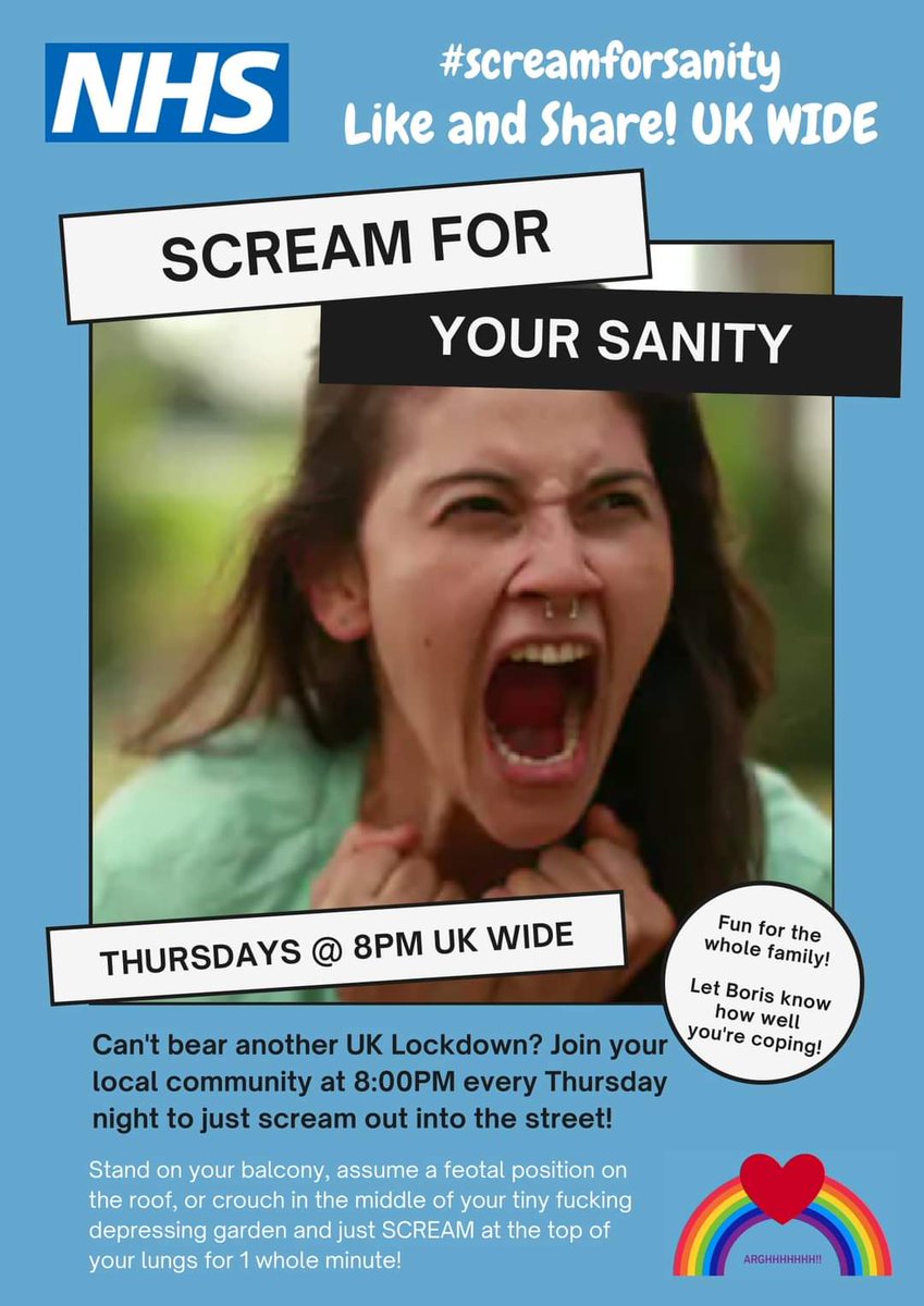 AzzaChizza's tweet photo. With the new UK lockdown looming, we need a new community cause to get behind. Introducing #screamforsanity https://t.co/fbbaoTjSE7