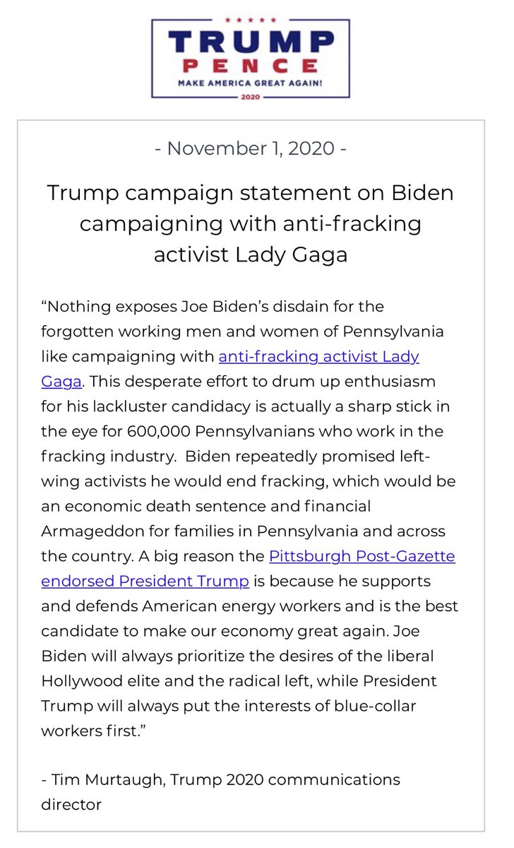 TimMurtaugh's tweet photo. Nothing exposes Biden’s disdain for the forgotten working men &amp; women of PA like campaigning with anti-fracking activist Lady Gaga. 

This desperate effort to drum up enthusiasm is actually a sharp stick in the eye for 600,000 Pennsylvanians who work in the fracking industry. https://t.co/p5LqLFl4Dl
