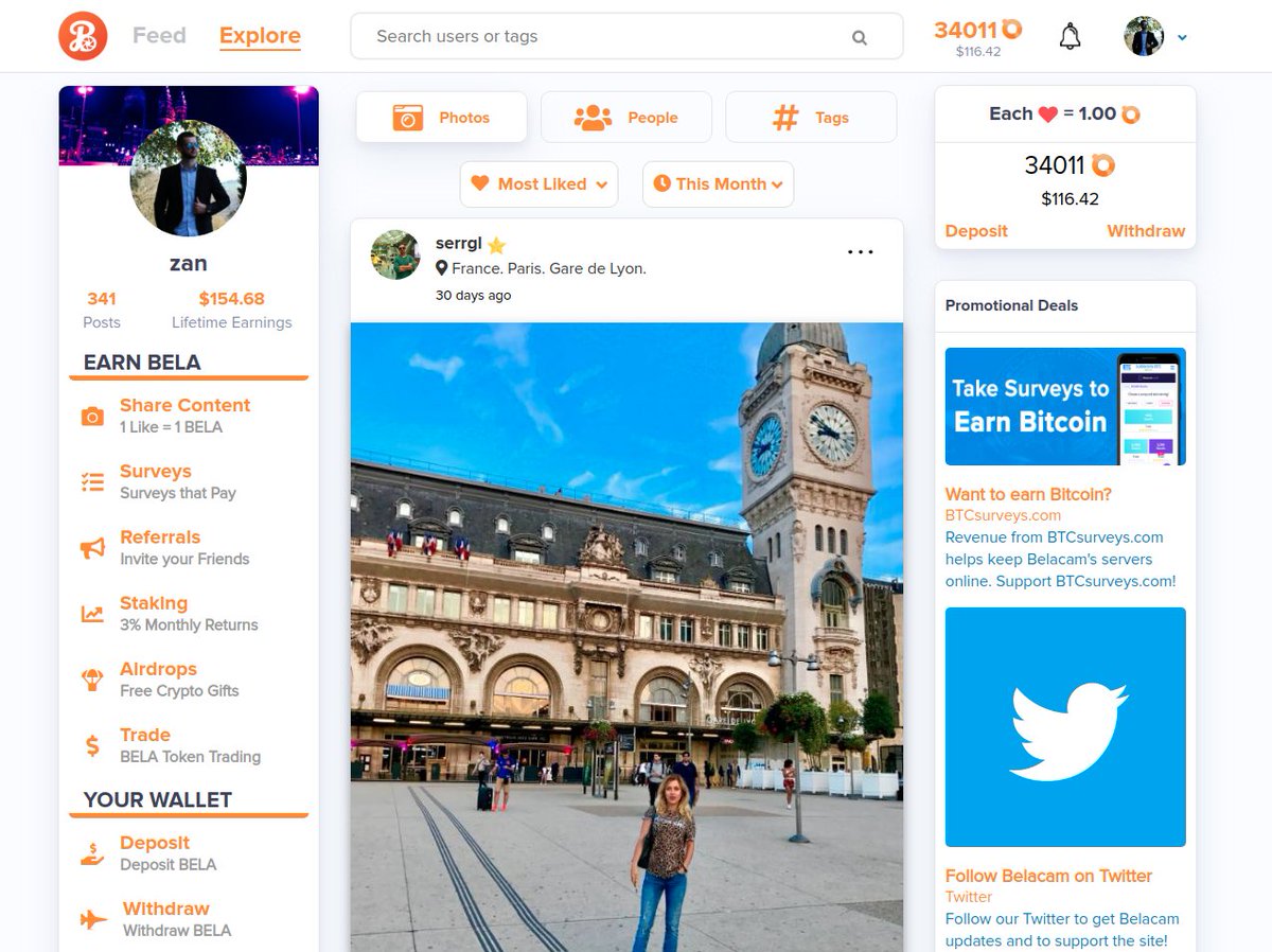 Earn with every ❤️ your post gets on Belacam.com - 
a #crypto based social media site.