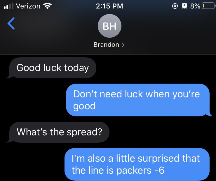 Brand_One11's tweet photo. @BrandonFromIowa Guess you should’ve kept some of that luck for your Packers today. #SKOL #11-5 https://t.co/I2ML2WYjqv