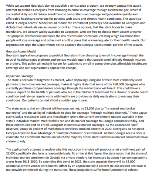 A coalition of 23 patient and consumer groups, including  @American_Heart,  @LungAssociation, &  @LLSusa, wrote GA's waiver would "jeopardize quality and affordable healthcare coverage for patients with acute and chronic health conditions" 4/