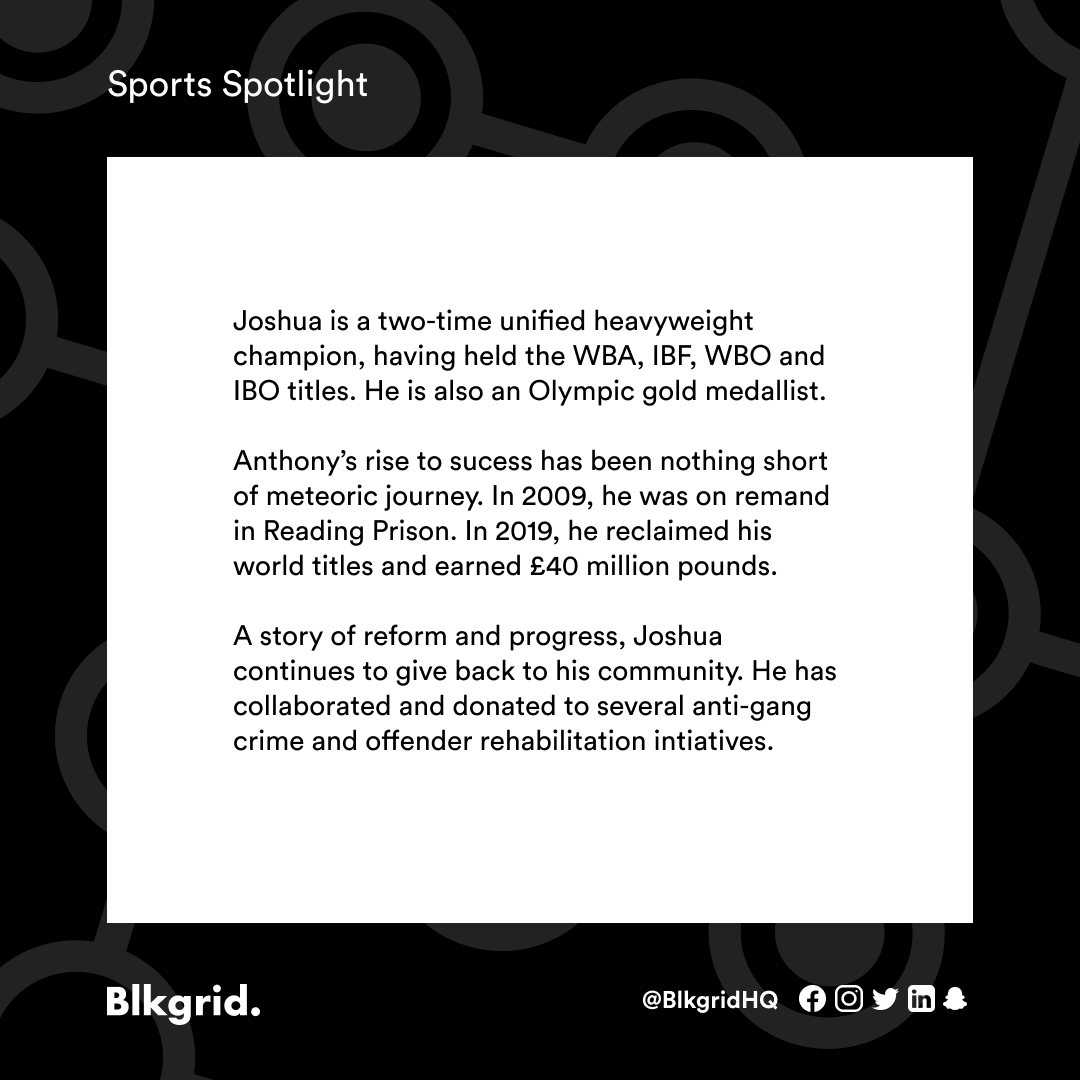 blkgridhq's tweet photo. It's Sunday and Blkgrid's sport spotlight brings you @anthonyjoshua - Anthony Joshua is a two-time unified heavyweight world champion. Joshua continues to be a positive figure outside of the ring, helping many within the community. #Blkgrid #BlkgridSpotlight https://t.co/CQQpXtxqCW