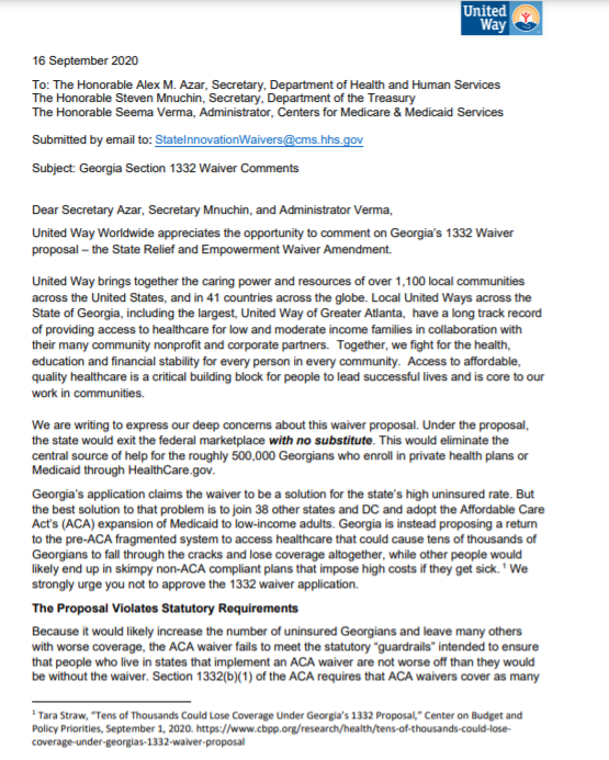 .  @UnitedWay,  @unitedwayatl,  @UnitedWayCGA, &  @unitedwaycv wrote GA's waiver would be "a return to the pre-ACA fragmented system to access healthcare that could cause tens of thousands of Georgians to fall through the cracks and lose coverage" 5/