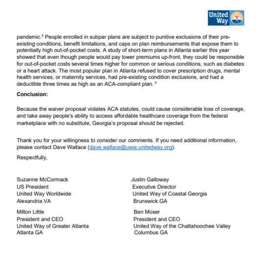 .  @UnitedWay,  @unitedwayatl,  @UnitedWayCGA, &  @unitedwaycv wrote GA's waiver would be "a return to the pre-ACA fragmented system to access healthcare that could cause tens of thousands of Georgians to fall through the cracks and lose coverage" 5/